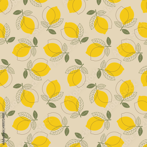 Seamless pattern with featuring whole lemons on branches in a simple line art style. Minimalist Mediterranean botanical pattern for textile, wallpaper and modern surface design. Vector illustration.