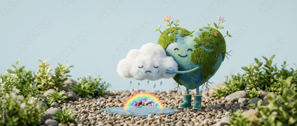 Obraz premium Emotional earth embracing nature with heartfelt cloud enchanted garden 3d animation uplifting environment vibrant colors whimsical viewpoint concept of unity and hope