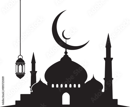 Beautiful mosque silhouette with crescent moon and lantern