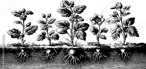 Botanical illustration of seed germination stages in crop plants for educational use