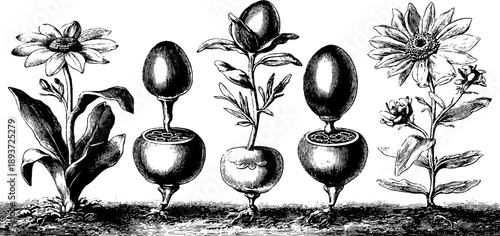 Vintage botanical illustration of seed germination stages for educational design