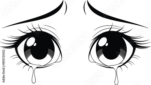Emotional Anime Girl Crying Eyes Vector Illustration Featuring Sad Expressions with Tears on White Background