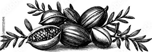 Vintage botanical illustration of sesame seed capsules for design and decor