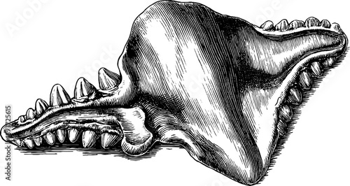 Vintage shark tooth fossil engraving - 19th century specimen for botanical study