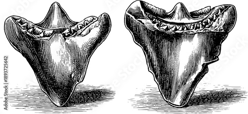 Shark tooth fossil specimen with vintage botanical engraving from 19th century