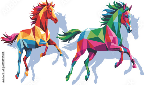 Vibrant Colorful Low Poly Horse Vector Set Featuring Galloping Stallions with Modern Geometric Abstract Shapes