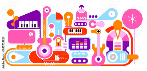 Abstract colorful graphic illustration of audio production, recording studio and music technology concept isolated on a transparent background.