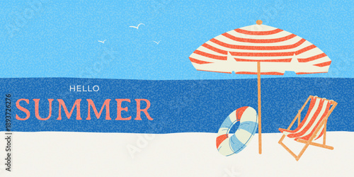 Minimalistic horizontal summer banner, cover, poster with a beach, blue sky, sea, and striped sun lounger. Template for advertising summer travel and vacations. Vector illustration