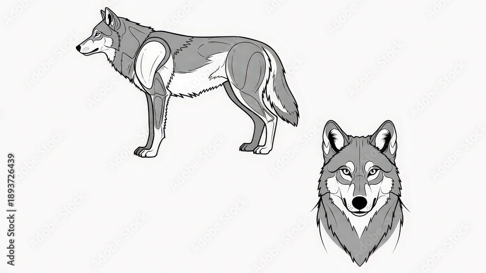 Fototapeta premium Detailed illustration of a wolf in two poses isolated on white background