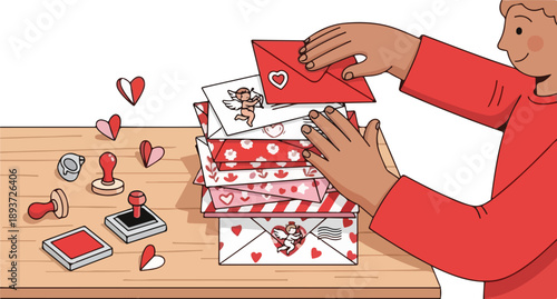 Person crafting handmade valentine cards with heart decorations on a wooden table
