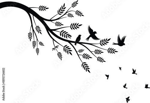 Black bird silhouette vector illustration of a flock of birds flying from a leafy branch