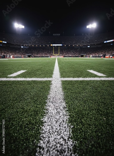 Vast football stadium under bright lights at night, showcasing the immaculate green field and white yard lines