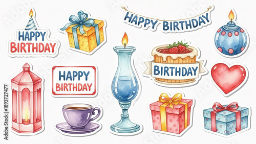 Colorful birthday stickers isolated on white background with gifts and cake
