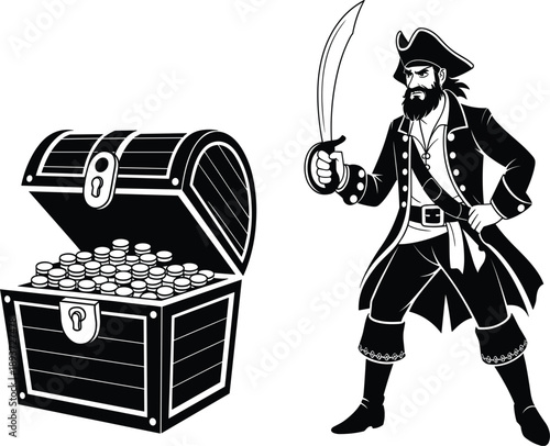Black and white pirate captain holding a sword standing next to a treasure chest of coins