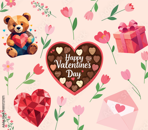 Valentine Day greeting card with romantic elements. Set includes low poly teddy bear, chocolate candy box, crystal heart, gift, and spring flowers. Floral background for love and celebration.