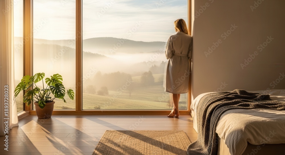Obraz premium A person in a robe stands by a large window viewing a misty morning landscape Sunlight streams into the room with a potted plant wooden floor and a bed