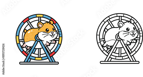 Cute cartoon hamster running in a wheel. Vector illustration of happy pet exercising with outline version for coloring book.