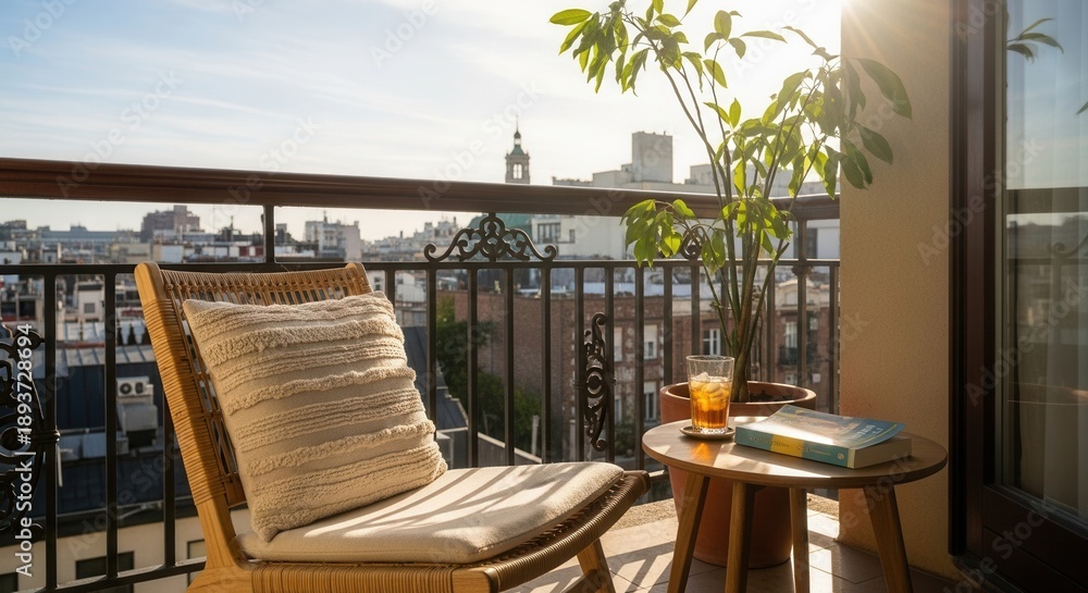 Obraz premium A sunlit balcony features a wicker chair with a cream cushion a small table holding a book and an iced drink and a potted plant all overlooking a city skyline