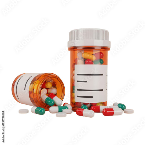 Orange pill bottles with scattered capsules medication