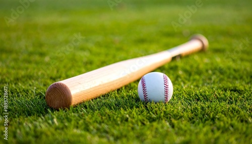 Studio sports still life of a wooden baseball bat and ball on green field surface, dramatic lighting, shallow depth of field, clean composition, professional athletic mood.