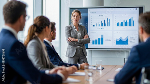 Professional female executive presenting financial data charts on a digital screen during a corporate board meeting, cinematic character sheet showcasing diverse office leadership and business 