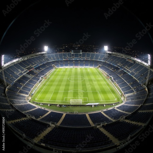Aerial view of a star-shaped logo on a sports field at night in a large stadium