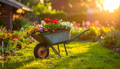 Sunlit garden scene with a wheelbarrow full of colorful flowers on green grass, warm golden hour light, shallow depth of field, natural outdoor photography, peaceful countryside mood.