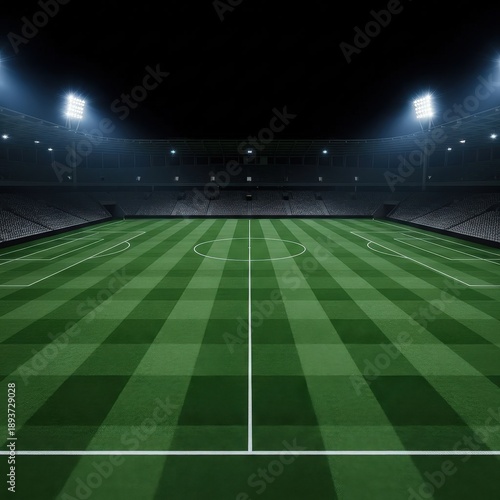 Experience the awe-inspiring grandeur of a massive, empty football stadium, its vibrant green pitch beautifully illuminated by powerful floodlights under a night sky, ready for a major event