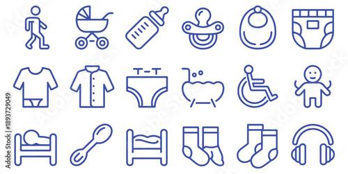 Baby Nursery Icons Set with Blue Outlines on White Background