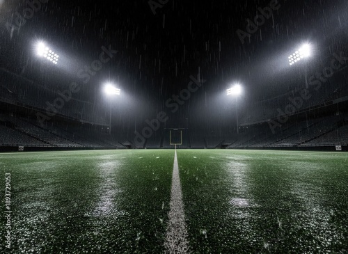 Atmospheric View of an Empty Football Stadium at Night, its Wet Green Field Gleaming Under the Intense Glow of Powerful Floodlights, Awaiting the Action