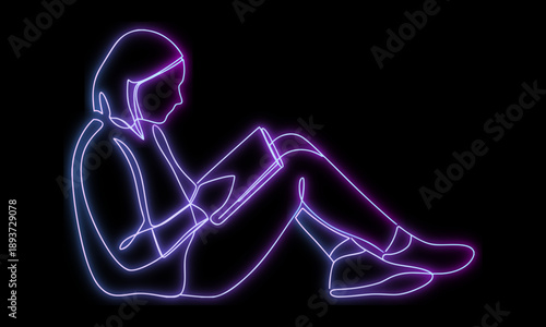 Neon Outline Woman Using Tablet Device Digital Connection