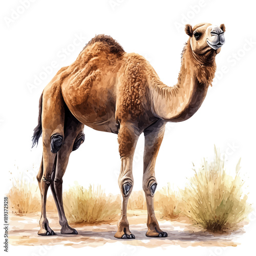 Bactrian Camel, watercolor illustration featuring playful movement and lively expressions, isolated on a white background.