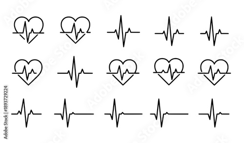 Heartbeat ECG line icon set with healthy and abnormal cardiac rhythm vector