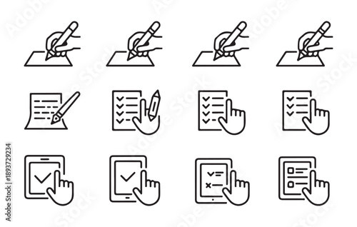 Writing hand line icon set with pencil on paper checklist touch screen tablet and digital signature