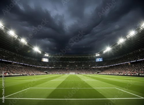 Aerial view of a star-shaped logo on a sports field at night in a large stadium
