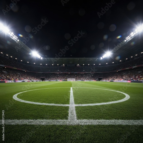 Aerial view of a star-shaped logo on a sports field at night in a large stadium