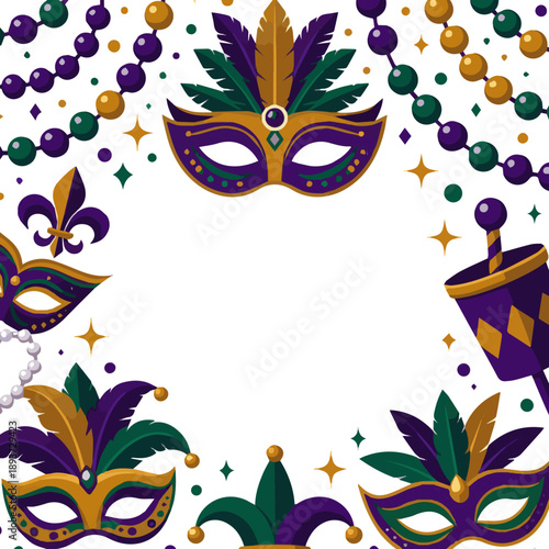 Isolated a kinds of deferent Mardi Gras border vector illustration with Mardi Gras mask, beads, carnival icons, confetti social media, banner, poster, frame, festival celebration, party vector art.