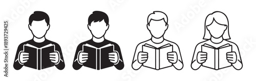 Set of people reading books icons, men and women, silhouette and outline, for education concept.