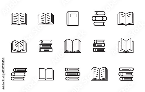 Assortment of book icons, open and closed, stacks of books, various styles for reading.