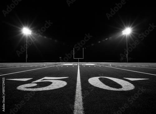 Aerial view of a star-shaped logo on a sports field at night in a large stadium