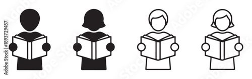 Four people reading books icons, men and women, solid and outline styles, conveying learning.