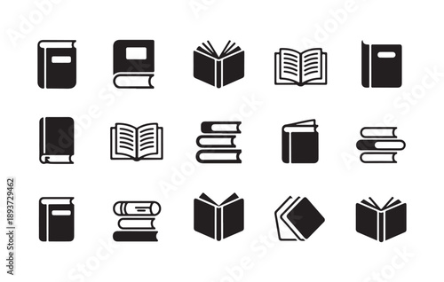 Minimalist book icons collection featuring various textbook orientations and stacks for web design
