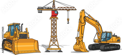 Cartoon construction equipment vector illustration, bulldozer crane excavator clipart, heavy machinery line art, kids educational building site vehicle graphics