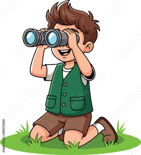 Cartoon boy with binoculars vector illustration, kneeling on grass observing nature, outdoor exploration clipart for curiosity, adventure, and educational content