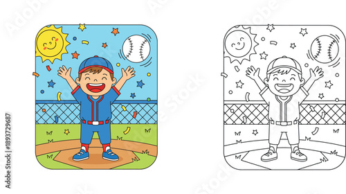 Cartoon baseball player boy cheering on the field. Vector illustration with coloring book page. Cute kid athlete character outline for children activity.
