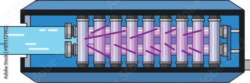 Industrial machinery illustration showing fluid flow through cylindrical filters in a blue industrial environment