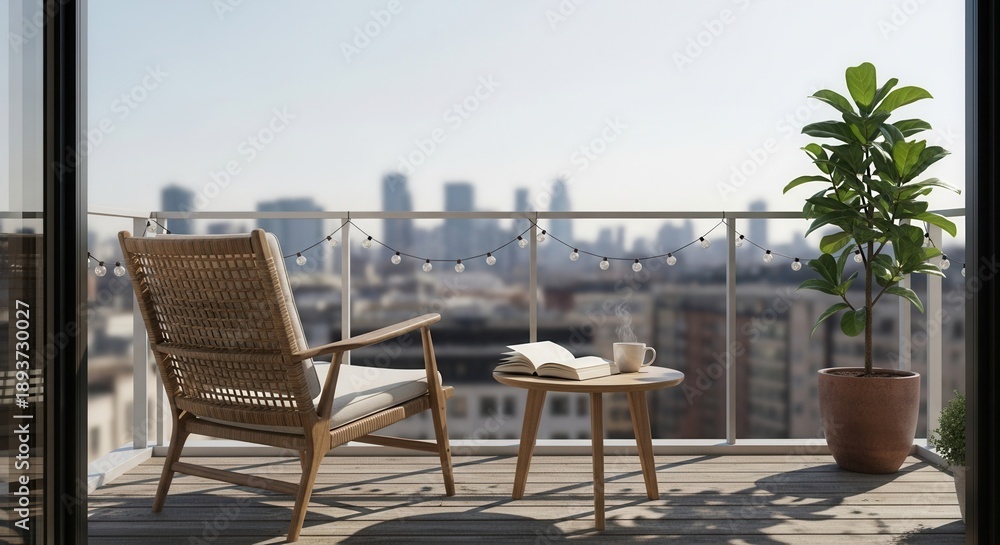 Obraz premium Balcony with a woven chair wooden table open book steaming mug and a potted plant adorned with string lights overlooking a city skyline