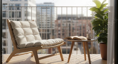Balcony with a comfortable padded chair small table open book steaming mug and a large potted plant overlooking city buildings