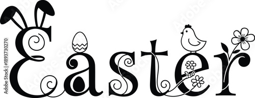 Easter typography with bunny, egg, bird, and flowers