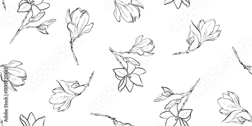 Seamless magnolia line art floral pattern, hand drawn botanical background in black and white